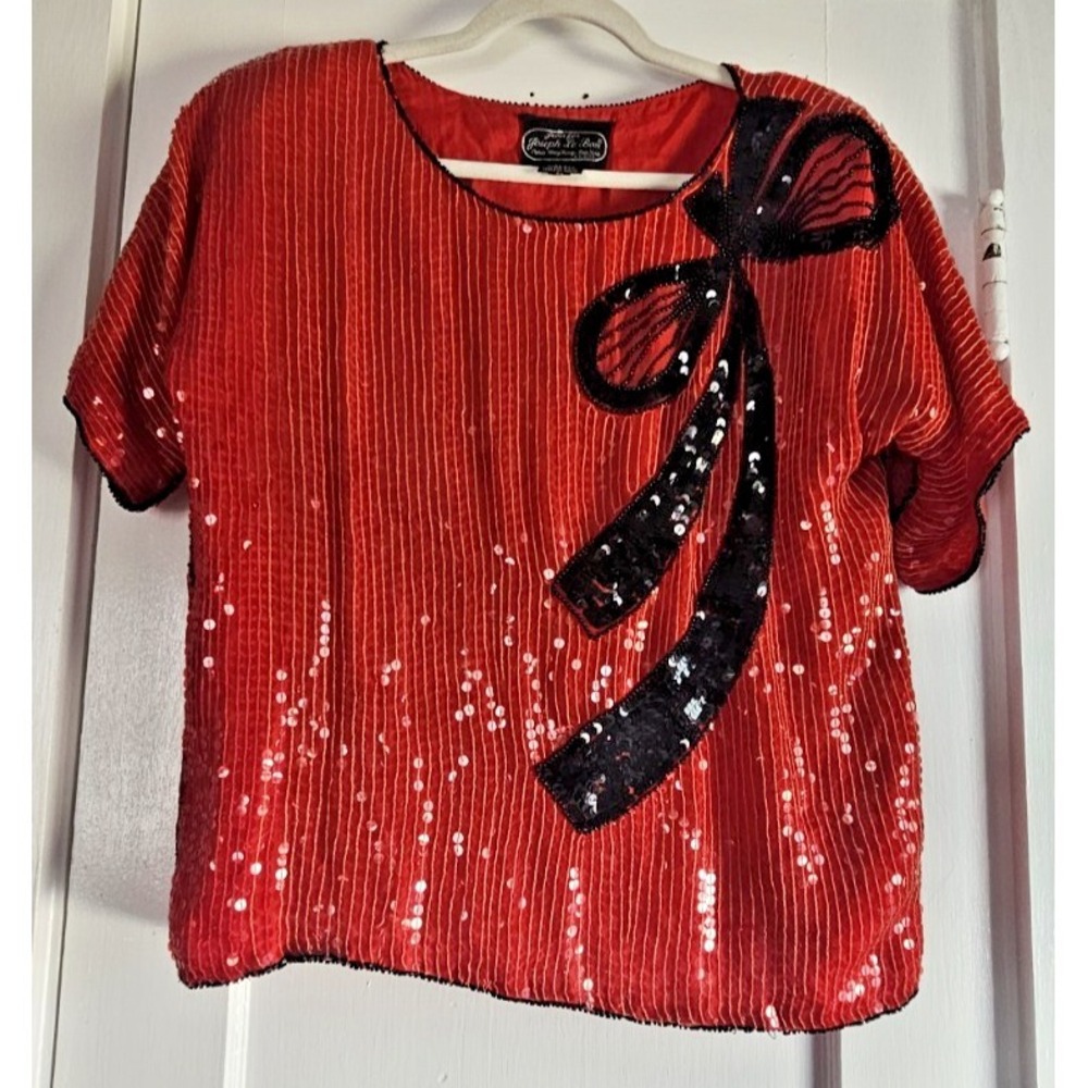 Vtg Jean for Joseph Le Bon 100% silk‎ red sequined allover top womans L